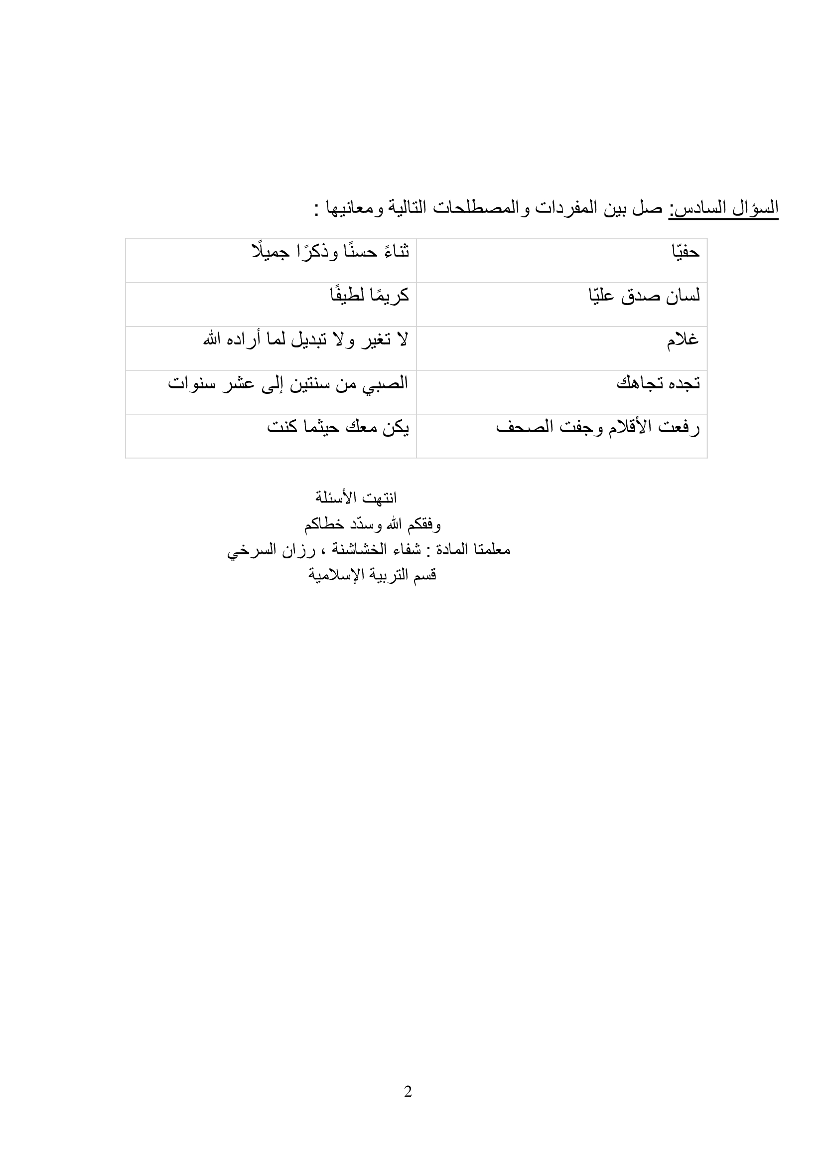 MTMzMzQ3MQ1313امتحان الشهر الثاني مادة التربية الاسلامية للصف السادس الفصل الاول 2019-2